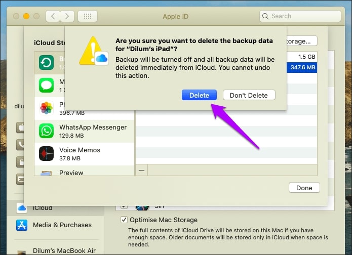 delete backup data on iCloud using Mac